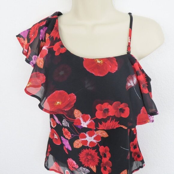 GUESS Womens Extra Small XS Red Flower Floral Ruffle Shoulder Tank Top Shirt - Picture 2 of 9